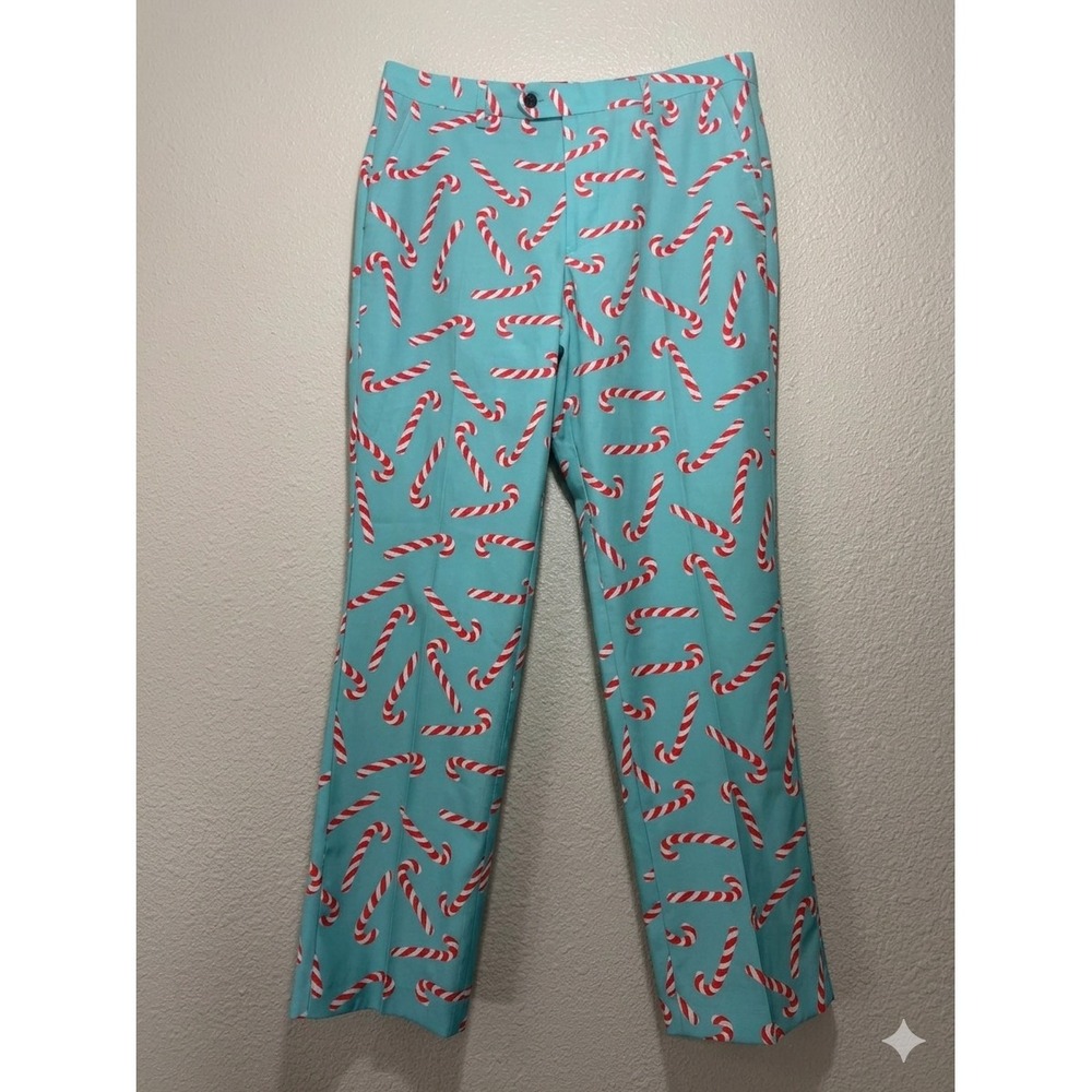 Shinesty 34/34 Men's Candy Cane Christmas Suit Pants Light Blue Holiday Trousers